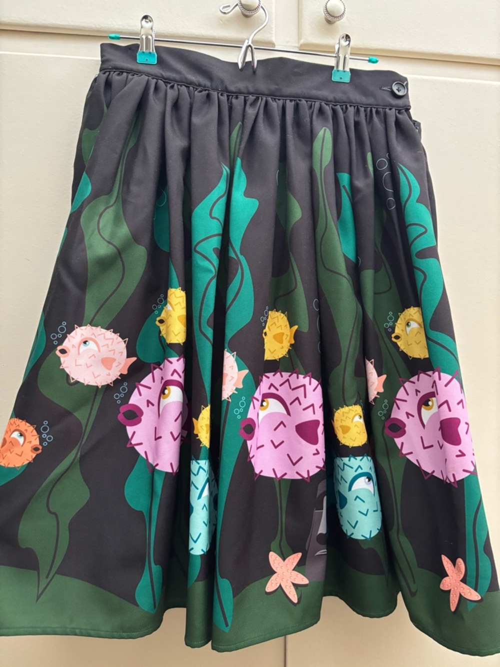 The Oblong Box Shop: Whimsical Puffer Fish Print Skirt in Black & Green